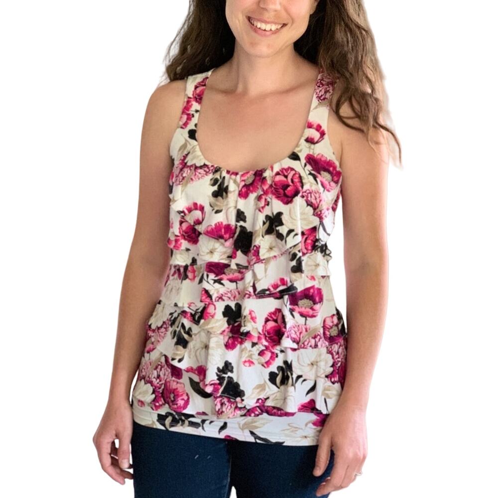 White House Black Market Floral Ruffles Top, XS